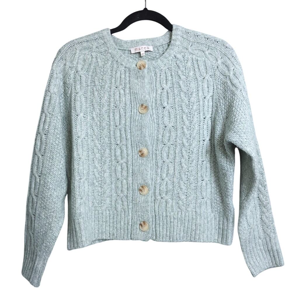 Marea Classic Cable Knit Cardigan in Green Wool Blend Size S